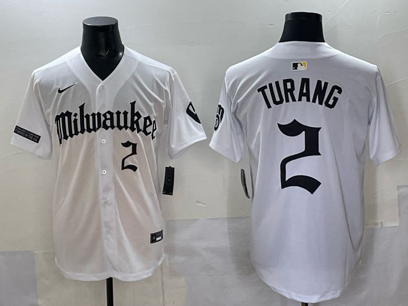 Men 2025 Milwaukee Brewers #2 Turang White Five generations Joint Name Nike MLB Jersey style 5